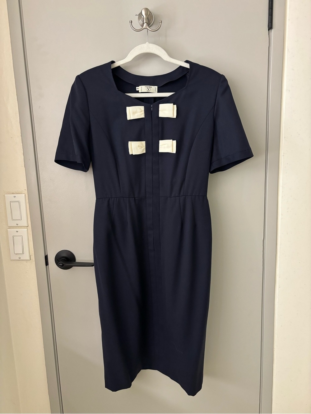 Valentino Navy Short-Sleeve Midi Dress with Ivory Bow Accents
